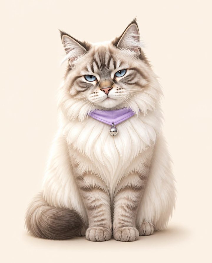 My cat Lola, a fluffy Ragdoll–Persian mix with a lavender bandana and a silver bell